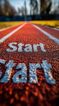Safe running track close up with markings and a blurred background in an outdoor setting photo
