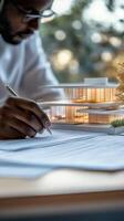 Architect drafting design plans while studying a model in a bright, modern workspace photo