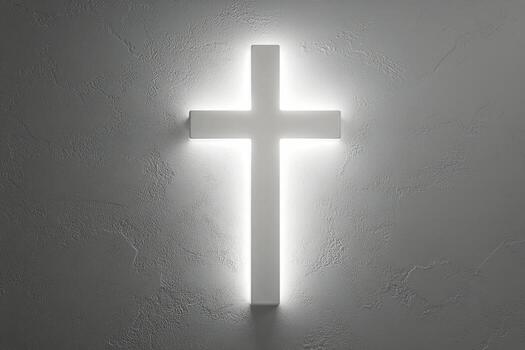 A white cross casting shadows on a textured wall in soft light during the early morning hours photo