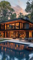 Stunning modern home by the poolside at sunset in a serene residential neighborhood photo