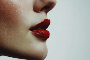 Close up view of a womans lips showcasing vibrant red lipstick against a neutral background photo