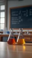 Two glass flasks containing colorful liquids on a wooden table in a classroom during the day photo
