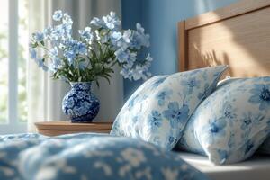 Delicate floral arrangements and soft bedding create a tranquil bedroom atmosphere in natural light photo
