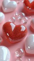 Colorful sparkling hearts arranged on a soft pink background for a festive celebration photo