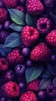Colorful assortment of raspberries and blackberries with lush green leaves in a close up view photo