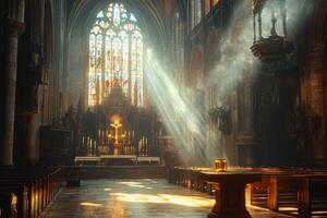 Sunlight filters through stained glass in a serene church with an altar and candlelight photo