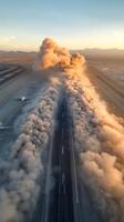 Dust clouds rise over an airport runway at sunset with planes parked nearby photo