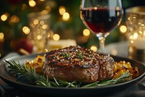 Deliciously grilled steak with herbs served alongside roasted vegetables and red wine photo