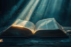 An open book illuminated by soft light with sparkling particles in a mystical setting photo