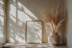 A minimalist interior featuring pampas grass and a blank frame in soft natural light photo