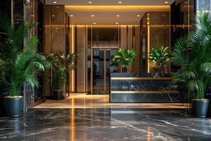 Elegant entrance of a modern building featuring lush plants and polished floors during daylight photo