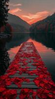 Beautiful sunset over a tranquil lake with a wooden pier covered in red leaves in autumn photo