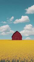 A red barn surrounded by vibrant yellow flowers in a scenic rural landscape with mountains photo