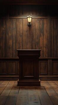 Wooden podium in a warmly lit conference space designed for public speaking in an urban setting photo