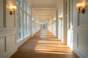 Elegant interior hallway with wooden flooring and stylish wall sconces in a modern building photo