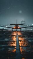 Private jet parked on a runway during a foggy sunset with warm glow in the background photo
