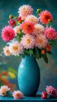 A vibrant display of colorful dahlias in a blue vase against a soft background photo