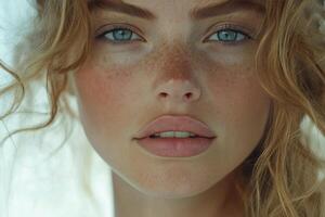 Close up of a freckled young woman with bright blue eyes, highlighting her natural beauty photo