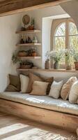 Cozy indoor seating area with natural light and plants in a serene home environment photo