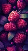 Colorful assortment of raspberries and blackberries with lush green leaves in a close up view photo