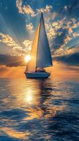 Beautiful sailboat gliding across calm waters during sunset with vibrant clouds photo