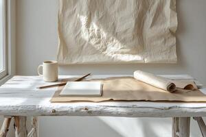 A serene workspace featuring a warm cup and neatly arranged notebooks in natural light photo