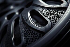 Close up of a modern alloy wheel design showcasing intricate details and textures photo