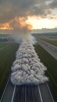 Dust clouds rise over an airport runway at sunset with planes parked nearby photo