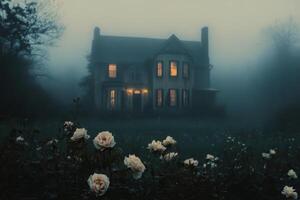Mysterious old house surrounded by roses in a foggy landscape during twilight hours photo