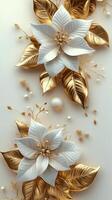 Elegant white flowers with golden accents against a textured golden background photo