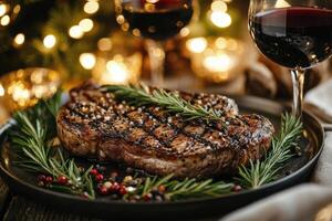 Deliciously grilled steak with herbs served alongside roasted vegetables and red wine photo