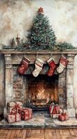 Cozy Christmas fireplace decorated with stockings and gifts under a festive tree photo