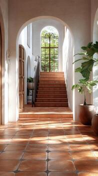 Bright hallway with elegant staircase and natural light in a modern home setting photo