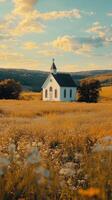 A serene church nestled in a golden meadow under a clear sky in the countryside photo