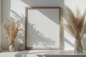 A minimalist interior featuring pampas grass and a blank frame in soft natural light photo