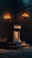 Wooden podium in a warmly lit conference space designed for public speaking in an urban setting photo