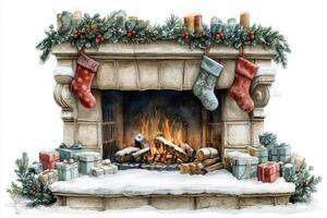 Cozy Christmas fireplace adorned with stockings, gifts, and festive decorations in winter setting photo