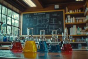 Colorful laboratory flasks arranged on a wooden table in a chemistry lab during daylight hours photo