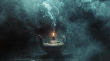 Mystical antique lamp surrounded by swirling smoke in a dimly lit atmosphere photo