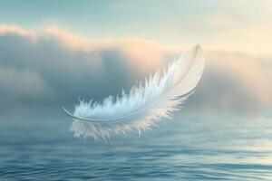 A delicate white feather floating gently above calm water at dawn, surrounded by soft clouds photo