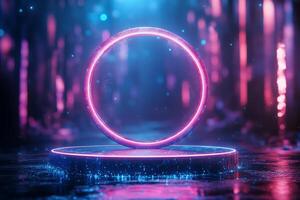 A vibrant neon circle illuminated in a reflective setting during a night scene photo