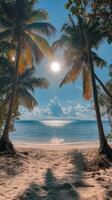 Sunny tropical beach with palm trees and boats under a clear sky in a serene location photo