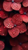 Red flowers adorned with droplets after rain showcasing vibrant colors in a natural setting photo