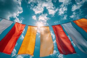 Colorful flags flutter against a bright blue sky featuring puffy clouds in the afternoon light photo