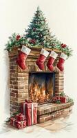 Cozy Christmas fireplace decorated with stockings and gifts under a festive tree photo