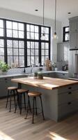 Modern kitchen with natural light, plants, and wooden accents in a cozy home environment photo