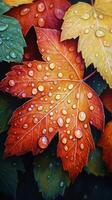 Colorful autumn leaves adorned with raindrops in a vibrant display of natures beauty photo