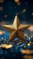 A golden star resting on a bed of glittering particles with a soft glowing background photo