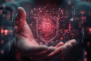 Hands holding a glowing digital shield representing cybersecurity in a modern setting photo