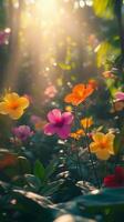 Colorful wildflower garden in spring sunlight showcasing vibrant blooms and lush greenery photo